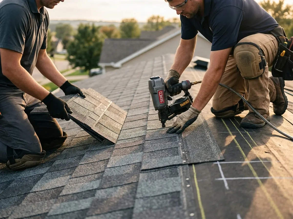 Professional roofer working on a residential roof in Gantt